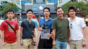 Outside Arthur Ashe Stadium! (L to R) Dancers Jeff Sun, Alvin Song, Patrick Trang, emcee Jared Madsen and dancer Alex Chun.