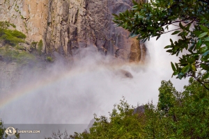 Lily Wang was vastberaden om dichtbij te komen, veilig, om Bridalveil Falls met deze regenboog te fotograferen. Ze werd doorweekt van het gespetter, maar het was het waard. 