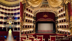 De Koninklijke Loge van het Paleistheater waar de koning van Engeland eerder van voorstellingen heeft genoten (links), en het perfecte uitzicht dat hij zou hebben gehad vanaf zijn koninklijke zetel.

(Foto door Han Ye)