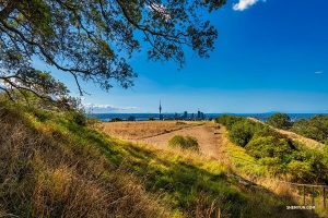 De stad Auckland op afstand, te herkennen aan de naaldvormige Sky Tower aan de horizon.